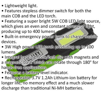 Rechargeable Inspection Light with Power Bank - 5W COB & 3W SMD LED - Green