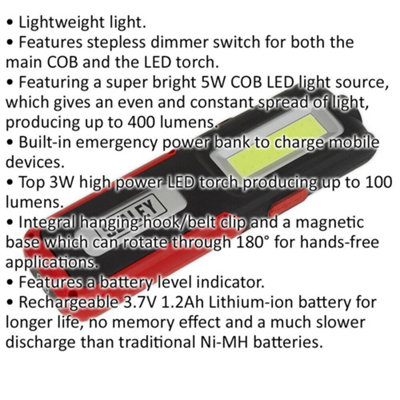 Rechargeable Inspection Light with Power Bank - 5W COB & 3W SMD LED - Red