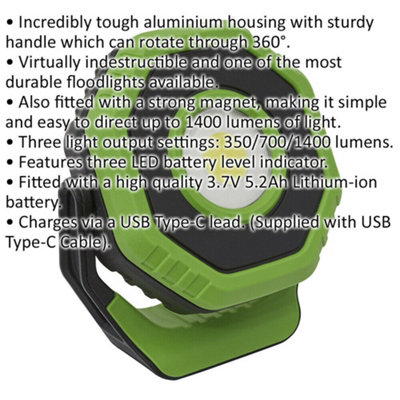 Rechargeable Pocket Floodlight - 360 Degree Swivel - 14W COB LED - Green