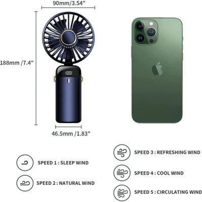 Rechargeable Portable Fan, 5000Mah Battery Powered Mini Fan, 5 Speeds ...