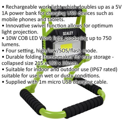 Rechargeable Portable Floodlight - 10W COB LED - IP67 Rated - Adjustable Swivel