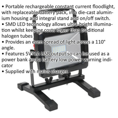 Rechargeable Portable Floodlight - 20W SMD LED - Aluminium Housing - 1400 Lumen