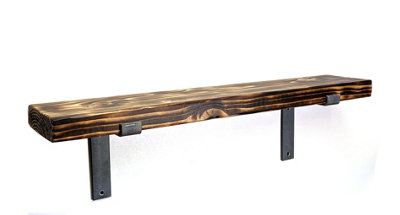 Reclaimed Wooden Shelf with Bracket Bent Down 9" 220mm - Colour Burnt - Length 100cm