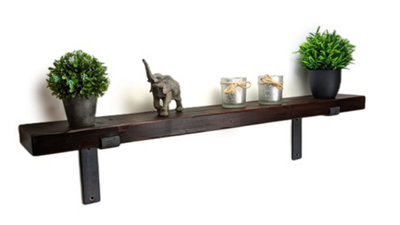 Reclaimed Wooden Shelf with Bracket Bent Down 9" 220mm - Colour Walnut - Length 60cm