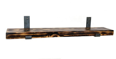 Reclaimed Wooden Shelf with Bracket Bent Up 9" 220mm - Colour Burnt - Length 130cm
