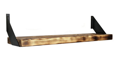 Reclaimed Wooden Shelf with Bracket FLAT 9" 220mm - Colour Burnt - Length 20cm