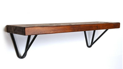 Reclaimed Wooden Shelf with Bracket WIRE 9" 220mm - Colour Dark Oak - Length 150cm