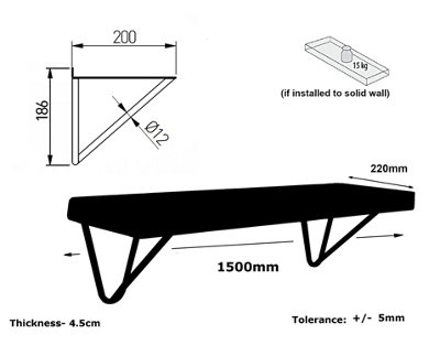 Reclaimed Wooden Shelf with Bracket WIRE 9" 220mm - Colour Dark Oak - Length 150cm