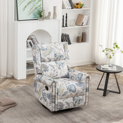 Recliner Armchair 360 Degrees Swivel Single Sofa Fabric Vintage Recliner Chair with Adjustable Backrest and Footrest Blue
