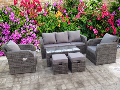 RECLINER RECLINE COFFEE TABLE STOOLS RATTAN WICKER CONSERVATORY OUTDOOR GARDEN FURNITURE SET CORNER SOFA GREY