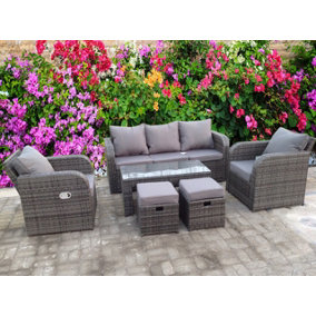 RECLINER RECLINE COFFEE TABLE STOOLS RATTAN WICKER CONSERVATORY OUTDOOR GARDEN FURNITURE SET CORNER SOFA GREY