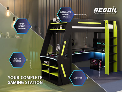 Recoil Alister Gaming High Sleeper with Desk and Storage, Charcoal and ...