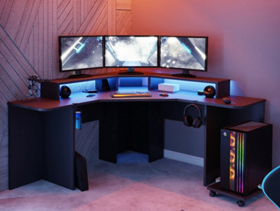 Recoil Quartz LED Corner Computer Gaming Desk - Black