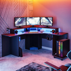 Recoil Quartz LED Corner Computer Gaming Desk - Black