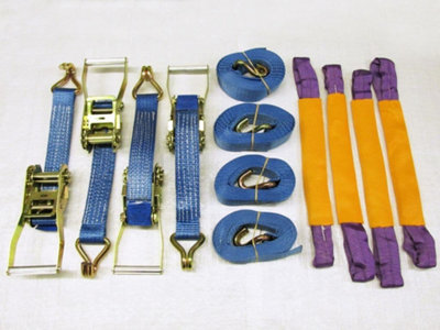 Recovery Ratchet Strap Set 50MM x 4M x4 (Round Slings Alloy Wheel Tie Down Trailer Kit)