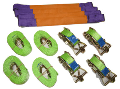 Recovery Ratchet Strap Set Hi Vis x4 (35MM x 4M Round Sling Alloy Wheel Tie Down Trailer Kit)