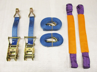 Recovery Ratchet Strap Set x2 (35MM x 6M Round Sling Alloy Wheel Tie Down Trailer Kit)