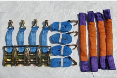 Recovery Ratchet Strap Set x4 (35MM x 4M Round Sling Alloy Wheel Tie Down Trailer Kit)