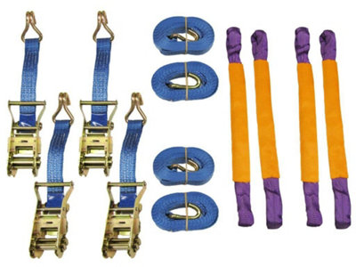 Recovery Ratchet Strap Set x4 (35MM x 6M Round Sling Alloy Wheel Tie Down Trailer Kit)
