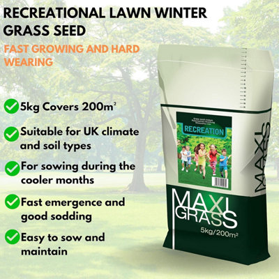 Recreation Grass Seeds Fast Growing - 5kg Lawn Grass Seed Covers 200m² - Back Lawn Fescue Grass and Hard Wearing Tough Garden Seed