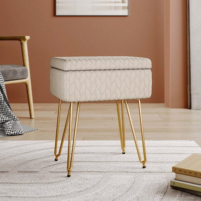 Rectangle Beige Upholstered Vanity Storage Ottoman Stool W 420 x D
