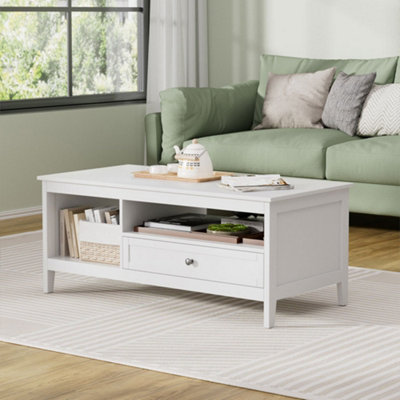 Rectangle Classic White Coffee Table with Drawer and Shelf for living Room