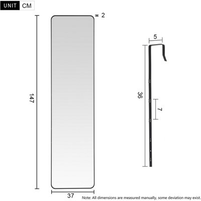 Rectangle Full Length Mirror Wall Mounted or Over The Door Floor Mirror Framed Mirror,Black, 37 x 147 cm