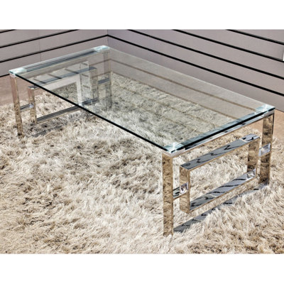 Rectangle Glass Coffee Table Polished Steel Frame Modern Living Room Furniture