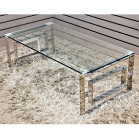 Rectangle Glass Coffee Table Polished Steel Frame Modern Living Room Furniture