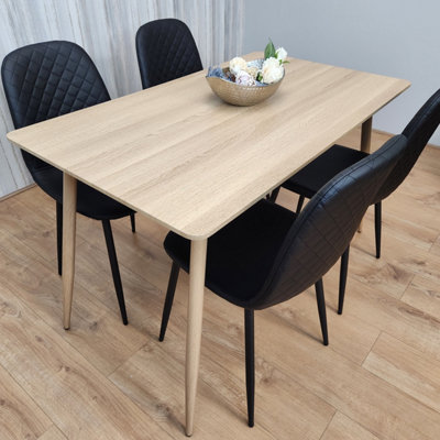 Rectangle Oak Effect Kitchen Dining Table With 4 Black Faux