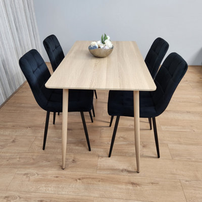 Rectangle Oak Effect Kitchen Dining Table With 4 Black Velvet Tufted Chairs Dining Set