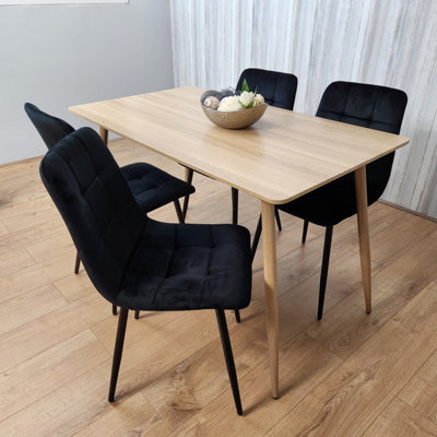 Rectangle Oak Effect Kitchen Dining Table With 4 Black Velvet Tufted Chairs Dining Set