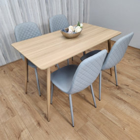 Rectangle Oak Effect Kitchen Dining Table With 4 Grey Faux Leather Padded Chairs Dining Set