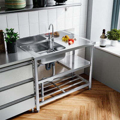 Rectangle Stainless Steel One Compartment Sink with Shelves Right Hand Drainer 100 x 50 x 89.5cm