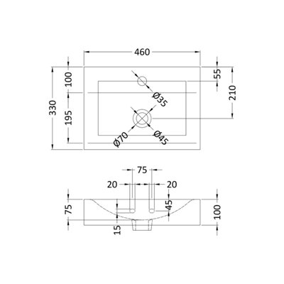 Rectangular 1 Tap Hole Ceramic Countertop Vessel without Overflow - 460mm - Balterley