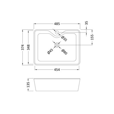 Rectangular 1 Tap Hole Ceramic Countertop Vessel without Overflow - 485mm - Balterley
