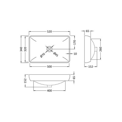 Rectangular 1 Tap Hole Ceramic Countertop Vessel without Overflow - 520mm
