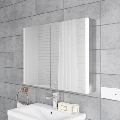 Rectangular 2 Door Touch Sensor Mirror Cabinet with 2 Shelves, Demister & Shaver Socket, 800mm  - White/Chrome - Balterley