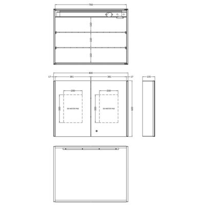 Rectangular 2 Door Touch Sensor Mirror Cabinet with 2 Shelves, Demister & Shaver Socket, 800mm - White/Chrome