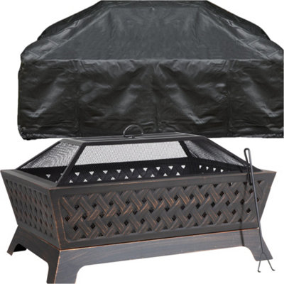 Rectangular Black Fire Pit Wood Burner & Cover Set - Outdoor Garden Mesh Heater