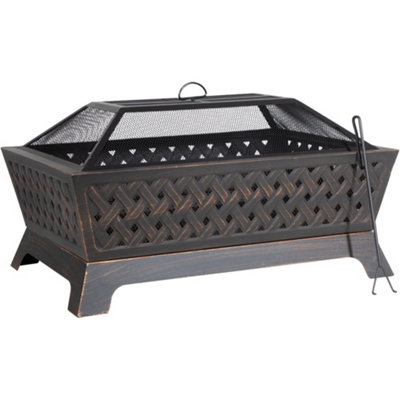 Rectangular Black Fire Pit Wood Burner - Modern Outdoor Garden Mesh Lid Heater