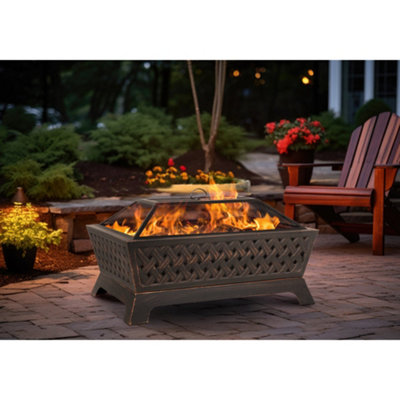 Rectangular Black Fire Pit Wood Burner - Modern Outdoor Garden Mesh Lid Heater