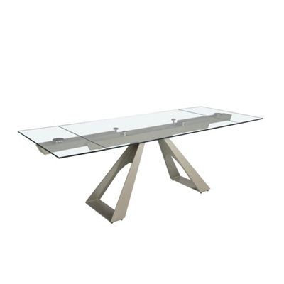 Rectangular extending dining table in tempered glass and taupe grey steel