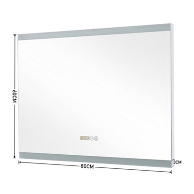 Rectangular Frameless Anti-Fog Dimmable LED Vanity Bathroom Mirror with Clock 80x60cm
