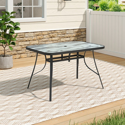 Rectangular Garden Tempered Glass White Wood Grain Coffee Table with Umbrella Hole 120cm