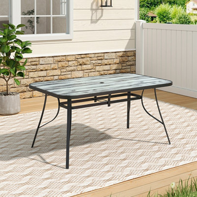 Rectangular Garden Tempered Glass White Wood Grain Coffee Table with Umbrella Hole 150cm