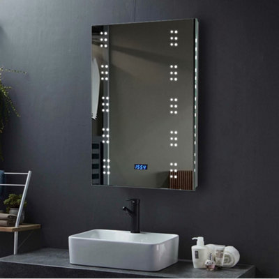 Rectangular Lighted Bathroom Mirror,Sensor Wall Mounted Vanity Mirror with Digital Clock and Shaver Socket 50x70 cm
