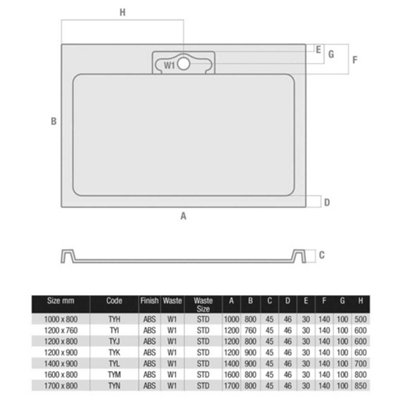 Rectangular Low Profile Shower Tray with Hidden Waste - 1700x800mm - 3