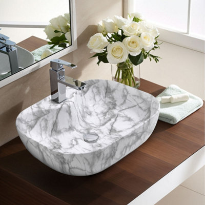 Rectangular Round Corners White Ceramic Marble Effect Texture Countertop Basin Bathroom Sink W 510 mm