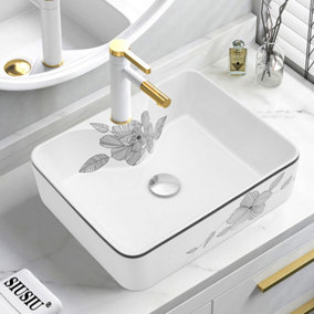 Rectangular Rounded Corners White Ceramic Flower Texture Countertop Basin Bathroom Sink W 480 mm
